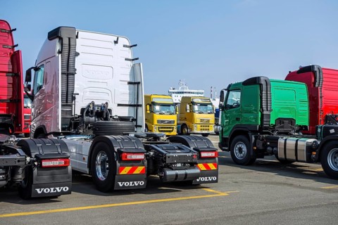 Trucks from Volvo Trucks' assembly plant waiting to be loaded onto the roll-on/roll-off/roo-ship at the seaport of Ghent