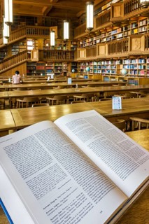 Interior with large bookshelves with book collections in the University Library of Leuven