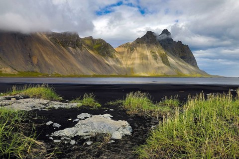 Mount Vestrahorn with the black lava beach Kirkjusandur