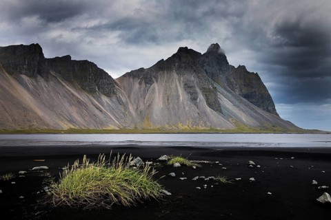 Mount Vestrahorn with the black lava beach Kirkjusandur