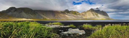 Mount Vestrahorn with the black lava beach Kirkjusandur