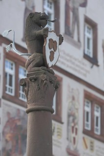 Detail of the fountain with town coat of arms at the market place in Schiltach