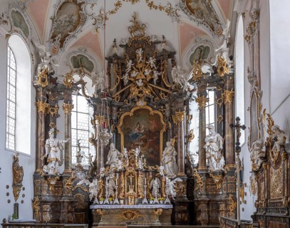 High altar in the rococo church of St. Ulrich in Seeg