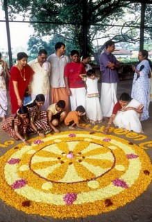 Aththapoovu or Floral decoration during Onam festival in front of Bhagavati temple in Kodungallur