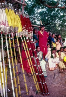 Spectators and colourful umbrellas in Pooram festival in Thrissur Trichur