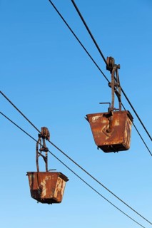 Shovels on the ropeway leading from the old coal mine in Longyearbyen