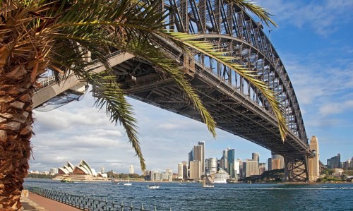 Sydney Harbour Bridge and view of the Sydney Opera House and the skyscrapers of the Central Business District