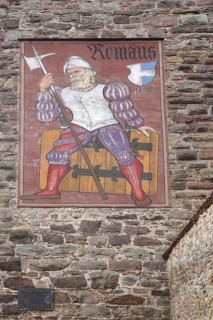 Mural of the hero Remigius Mans alias giant Romaeus as a knight with lance and coat of arms at the Romaeus Tower in Villingen