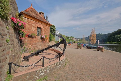 Historic ferry house with stick anchor in Neckarsteinach