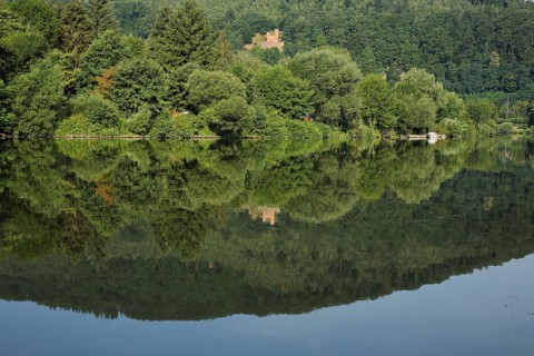 Schadeck Castle or Swallow's Nest with Reflection in the Neckar River in Neckarsteinach