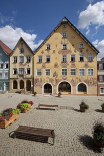 Historic town hall built 1765 with mural and small guard house built 1860 in Horb am Neckar