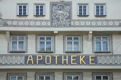 Detail of the house wall of Schmidsche Apotheke built in the 18th century with decoration