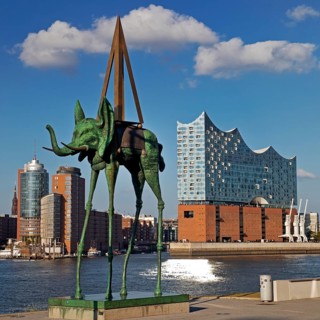 Artwork entitled Space Elephant by Salvador Dali at the Stage Theater an der Elbe in front of the Elbe Philharmonic Hall