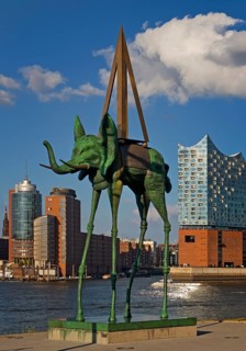 Artwork entitled Space Elephant by Salvador Dali at the Stage Theater an der Elbe in front of the Elbe Philharmonic Hall