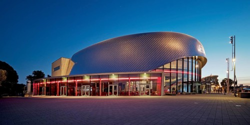 Illuminated Stage Theater on the Elbe in the evening