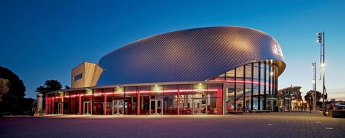 Illuminated Stage Theater on the Elbe in the evening