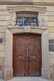 Door with wood carving on the convent house built in 1765 in Bad Wimpfen