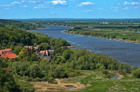 View from the Kniepenberg lookout tower near Hitzacker of the Elbe and Elbe floodplain in the Elbe River Landscape UNESCO Biosphere Reserve