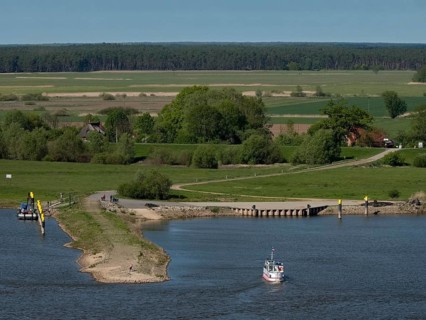 The Elbe ferry from Bitter to Hitzacker crosses the Elbe from the Bitter jetty in the Elbe River Landscape UNESCO Biosphere Reserve