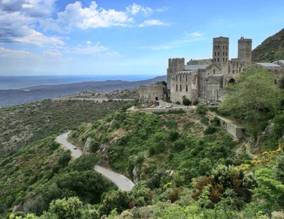 The Benedictine monastery of Sant Pere de Rodes is located in the Cap de Creus Natural Park 520 m above sea level. In the background is the Gulf of Roses on the northern Costa Brava. Cap de Creus
