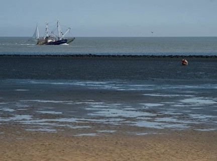 A fishing boat passes close to the beach inland through the Wadden Sea of the North Sea at the mouth of the Elbe