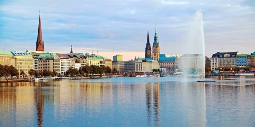 Inner Alster Lake with Alsterfontaine and city skyline