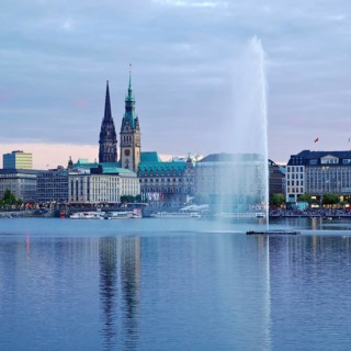 Inner Alster Lake with Alsterfontaine and city skyline