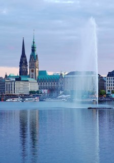 Inner Alster Lake with Alsterfontaine and city skyline