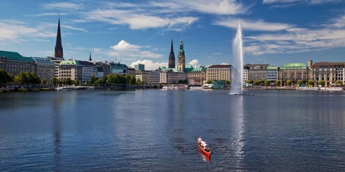 Inner Alster Lake with Alsterfontaine and city skyline