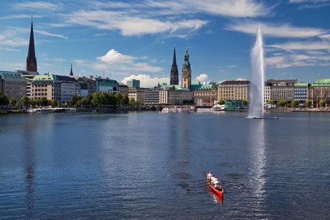Inner Alster Lake with Alsterfontaine and city skyline