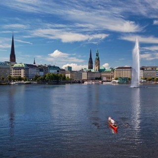 Inner Alster Lake with Alsterfontaine and city skyline