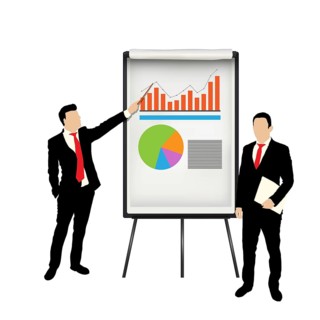 Two business men in suits and growth flip chart over white background