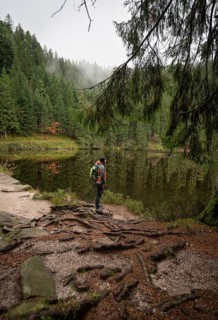 Man looking at the Glaswaldsee and enjoying nature