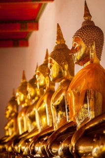 Row of sitting Buddha statues in Buddhist temple Wat Pho