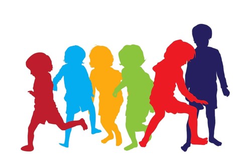 Silhouettes of children playing and running in colors