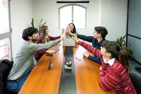 Cheerful office workers giving high five to colleagues