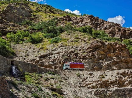 Manali-Leh road in Indian Himalayas with lorry. Himachal Pradesh
