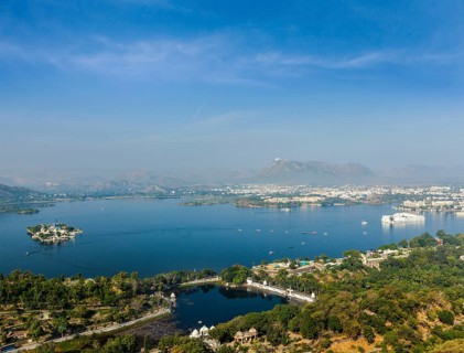 Aerial view of Lake Pichola with Lake Palace