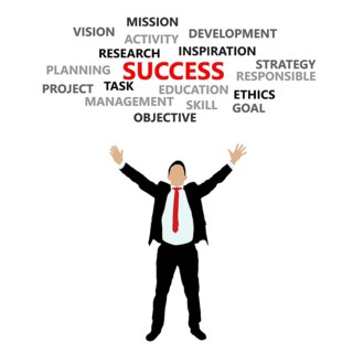 Motivational business vector graphic with a praising business man in a suit and inspirational words