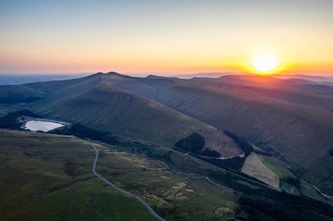 Sunrise over Pen y Fan and Cribyn from a drone
