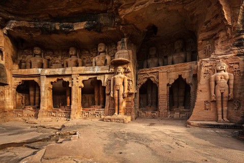 Rockcut Statues of Jain thirthankaras in rock niches near Gwalior fort. Gwalior