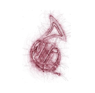 Stylized french horn ink sketch over white