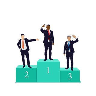 Victorious business men in suits on a podium
