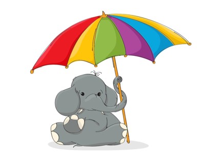 Cute elephant sit under colored umbrella. Vector illustration for clildren and baby clothes print. Baby shower template