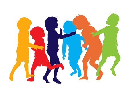 Silhouettes of children playing and running in colors