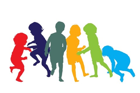 Silhouettes of children playing and running in colors