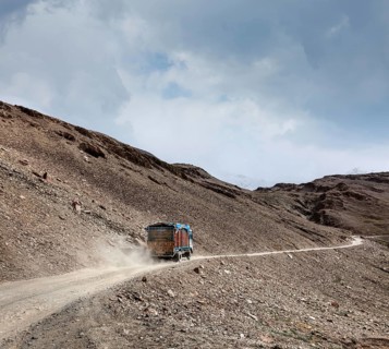 Manali-Leh Road in Indian Himalayas with lorry. Himachal Pradesh