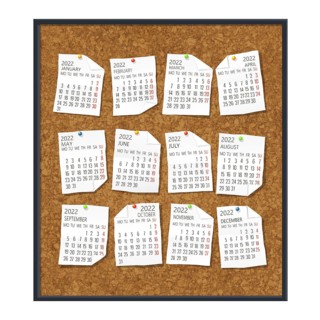 2022 calendar on paper sheets over a framed cork board. Vector illustration