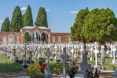 Graves with crosses and floral decorations