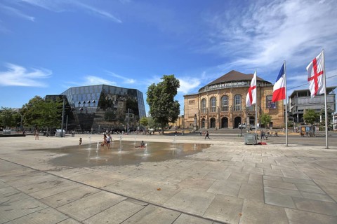 Square of the Old Synagogue with University Library and Theatre in Freiburg